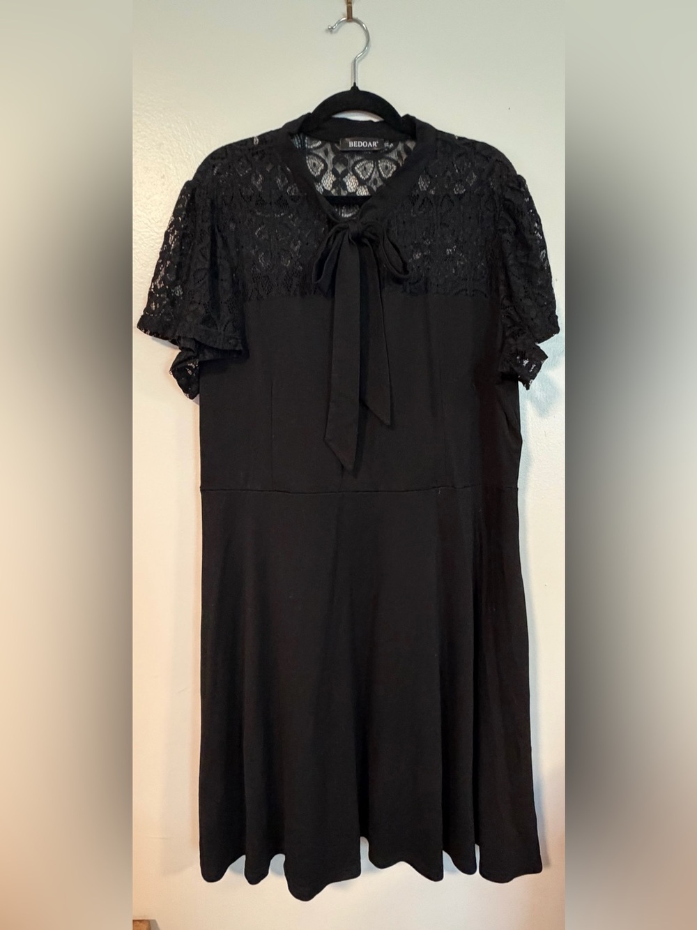 Black Lace-Yoke Midi Dress with Tie Neck